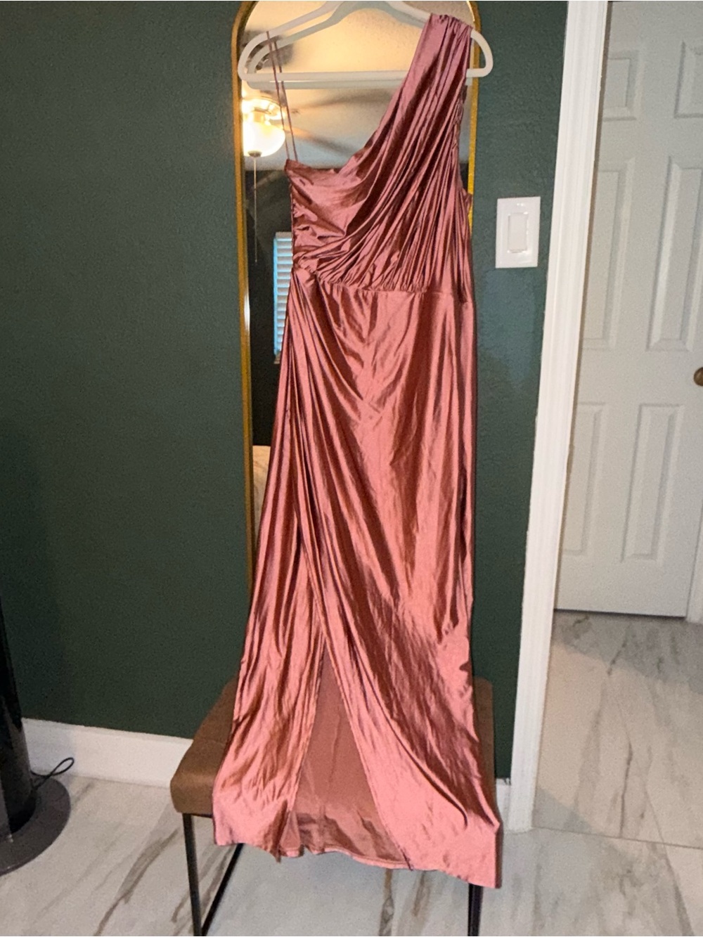 Express One-Shoulder Satin Gown in Dusty Rose